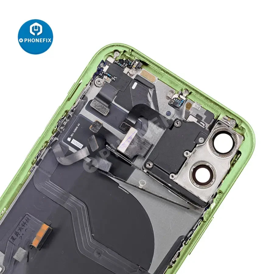 Black iPhone 12 Mini back cover full assembly replacement by PHONEFIX, showing the new glass back with rear camera opening.