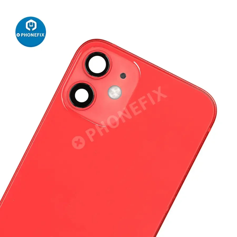 Black back glass cover for iPhone 12 Mini, replacement full assembly by PHONEFIX, showing the rear view of the phone.