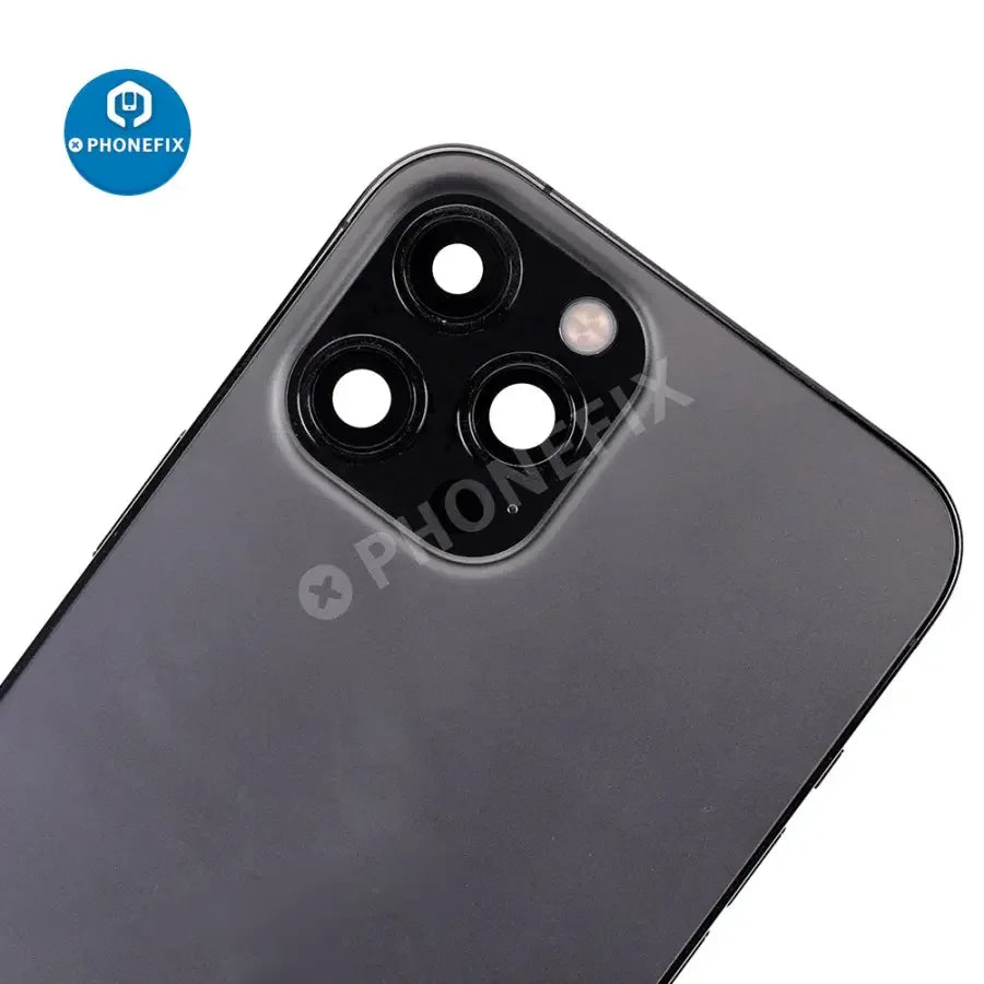 PHONEFIX iPhone 12 Pro Max full back cover assembly with glass replacement, showing the rear view of the repair part.