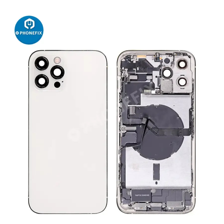 iPhone 12 Pro Max back cover full assembly replacement in black glass with PHONEFIX branding, showing the rear view of the phone.