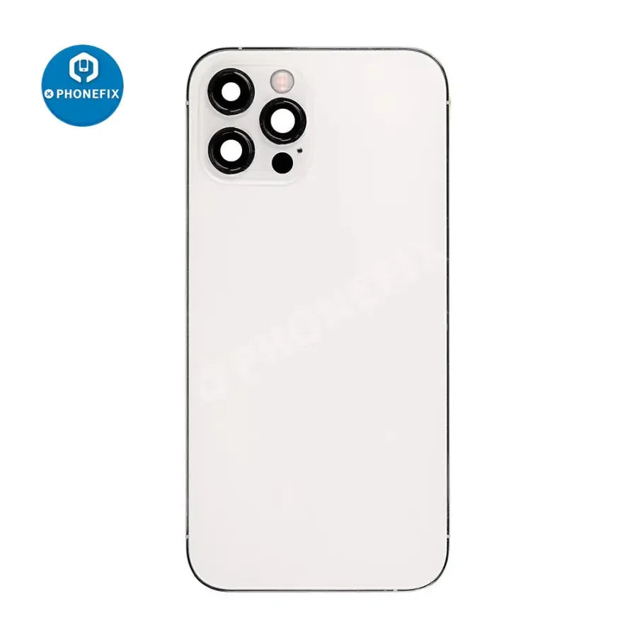 PHONEFIX iPhone 12 Pro Max back cover full assembly, including rear glass replacement, shown in a close-up image.