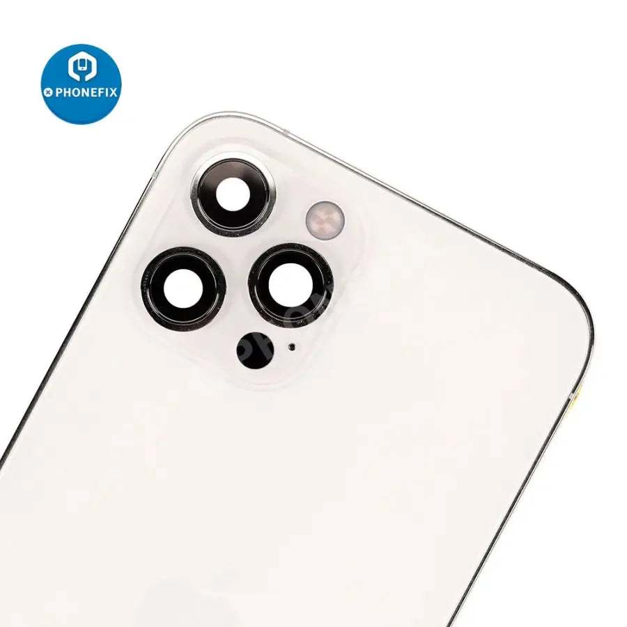 PhoneFix iPhone 12 Pro Max back cover assembly with replacement glass, showing the full rear assembly for repair or replacement.