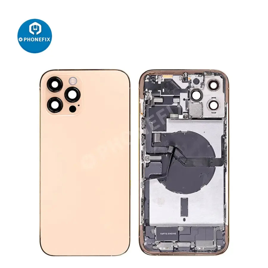 PhoneFix iPhone 12 Pro Max back cover assembly with replacement glass, showing the full back panel for repair and replacement.