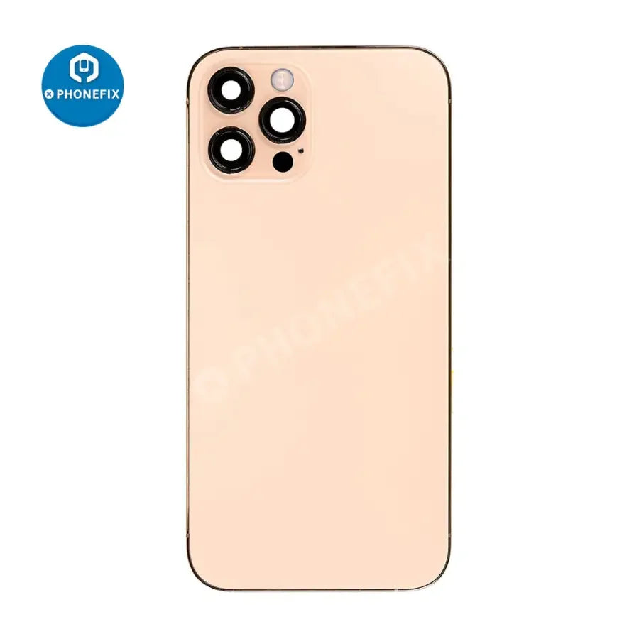 PHONEFIX iPhone 12 Pro Max back cover assembly with replacement glass, showcasing the full rear panel for repair or replacement.