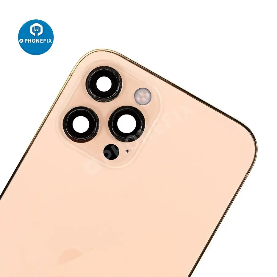PHONEFIX iPhone 12 Pro Max back cover assembly with replacement glass, showing the full rear casing for repair or replacement.