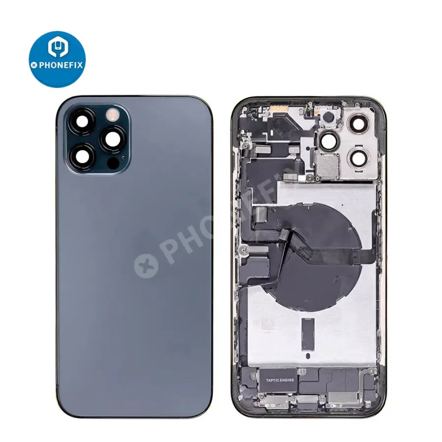 iPhone 12 Pro Max back cover full assembly replacement by PHONEFIX, featuring new back glass for repair.
