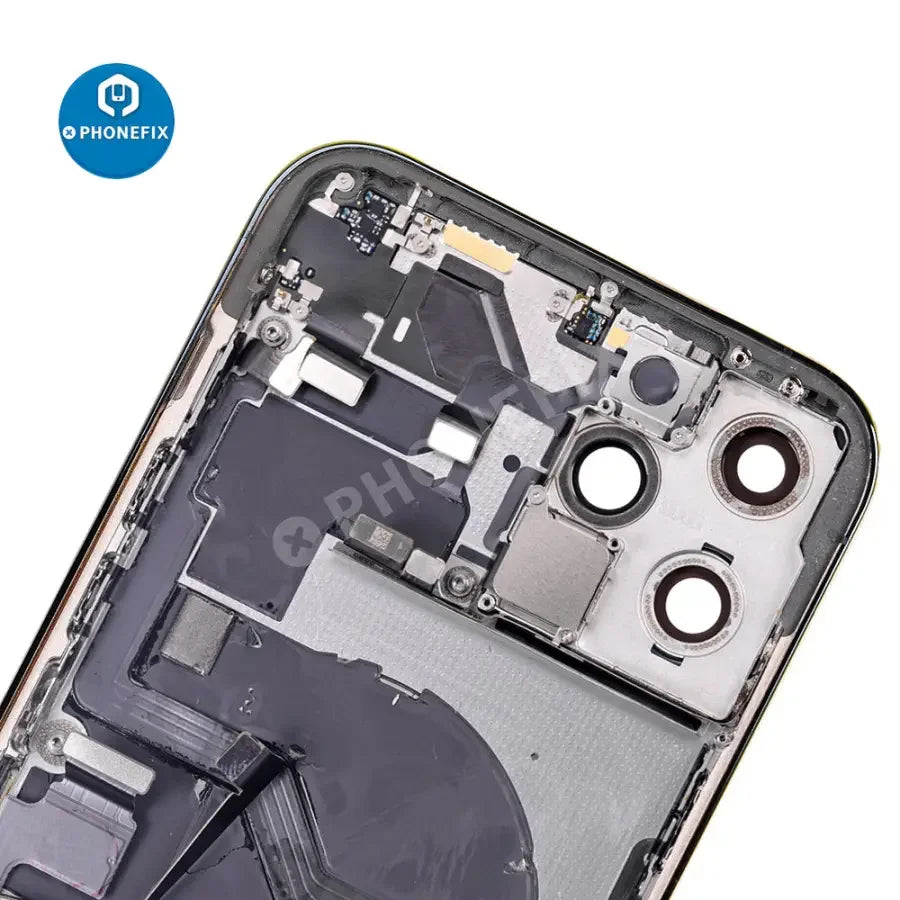 PhoneFix back cover full assembly replacement for iPhone 12 Pro Max, showing the new glass back panel and assembly components.
