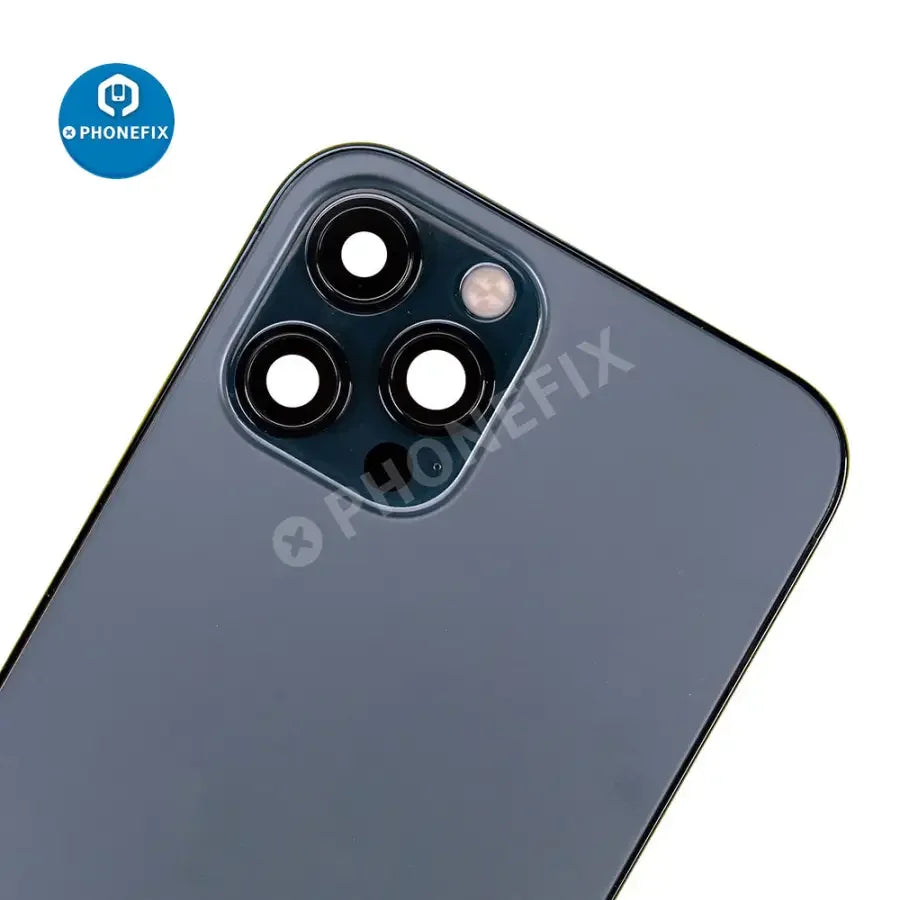 PhoneFix full back cover assembly for iPhone 12 Pro Max, featuring replacement glass and rear housing in a repair kit.