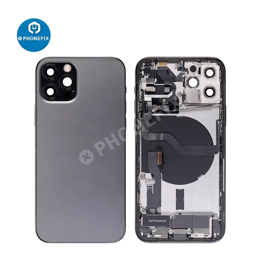 iPhone 12 Pro back cover full assembly replacement by PHONEFIX, showing the new back glass and frame in a close-up view