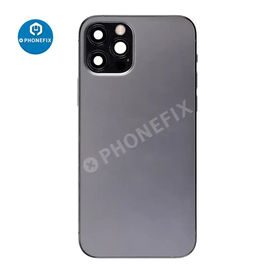 iPhone 12 Pro back cover full assembly replacement with new glass, showing the rear view of the phone and replacement parts.