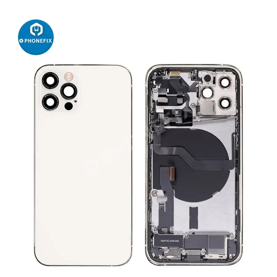 iPhone 12 Pro back cover full assembly with replacement glass, showing the sleek rear design and assembled phone parts.