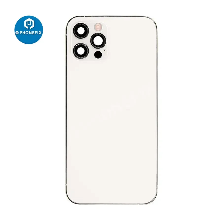 iPhone 12 Pro back cover assembly with glass replacement, showing the intact rear casing and camera cutout for PHONEFIX repair.