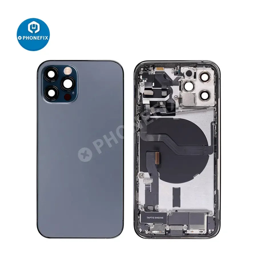 iPhone 12 Pro back cover full assembly replacement with new glass, showing the rear side of the phone with the intact back panel.