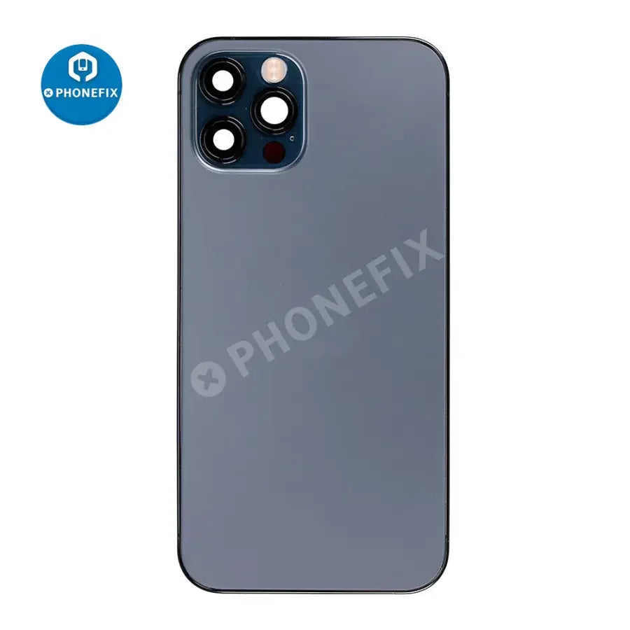 iPhone 12 Pro back cover full assembly replacement with new glass, showing the rear side of the phone with the glass back and camera cutout.