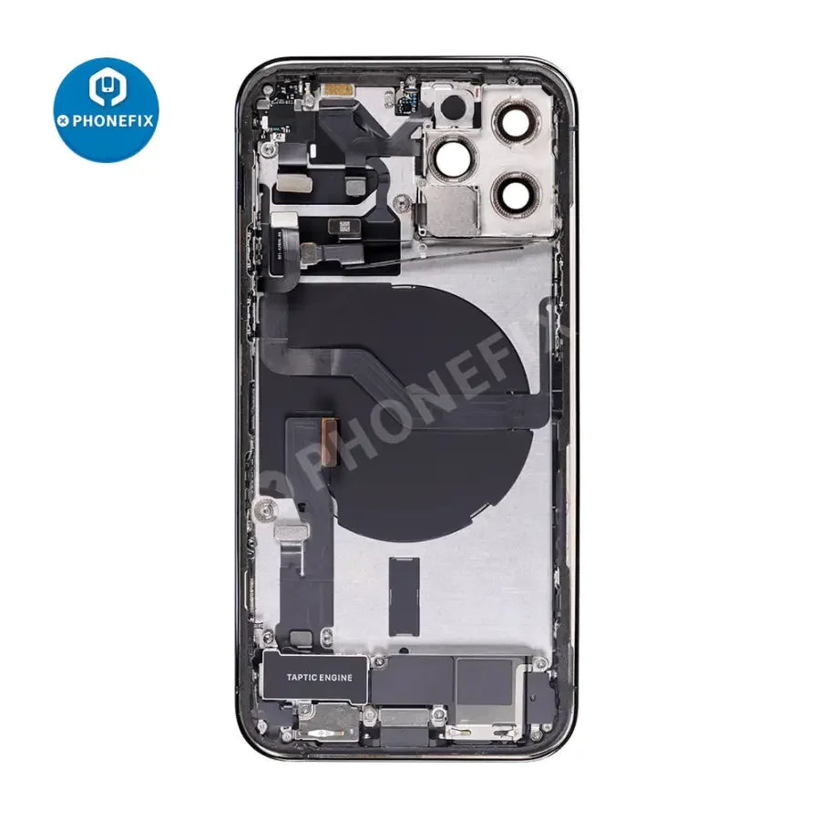 iPhone 12 Pro back cover full assembly replacement with new glass, showing the rear view of the phone with the PHONEFIX brand label