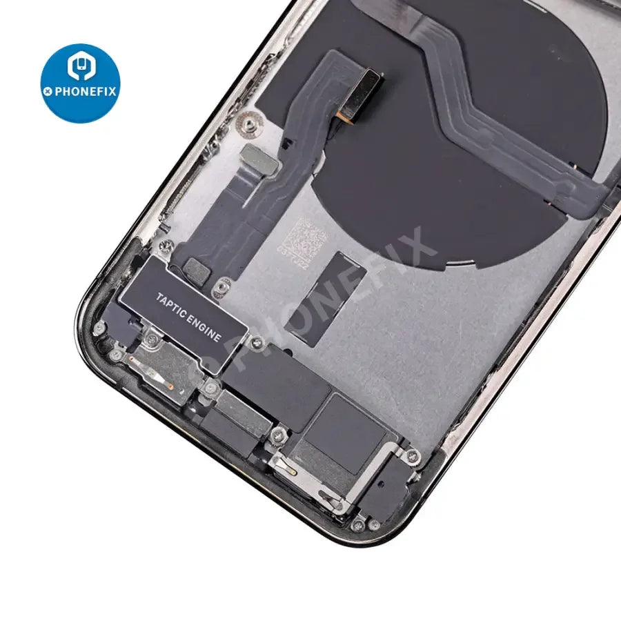 iPhone 12 Pro back cover full assembly replacement with new glass, showing the rear view of the phone in a repair setting