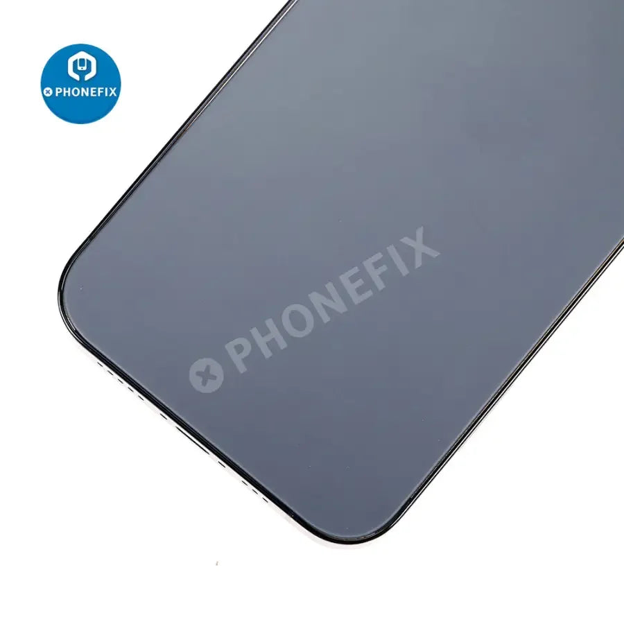 iPhone 12 Pro back cover assembly with glass replacement by PHONEFIX, showing the full rear view of the phone.