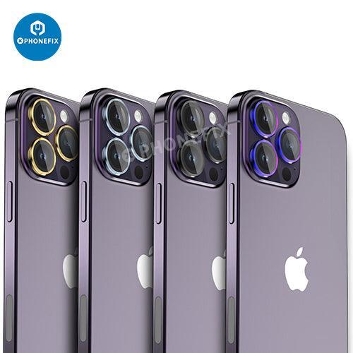 Protection d'objectif en verre trempé avec anneau métallique pour iPhone série 13-14, conçue pour le remplacement de la vitre arrière par PHONEFIX.