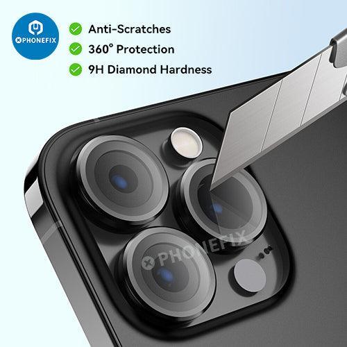 Protection d'objectif en verre trempé avec anneau métallique pour iPhone série 13-14, remplacement de la vitre arrière, par PHONEFIX.