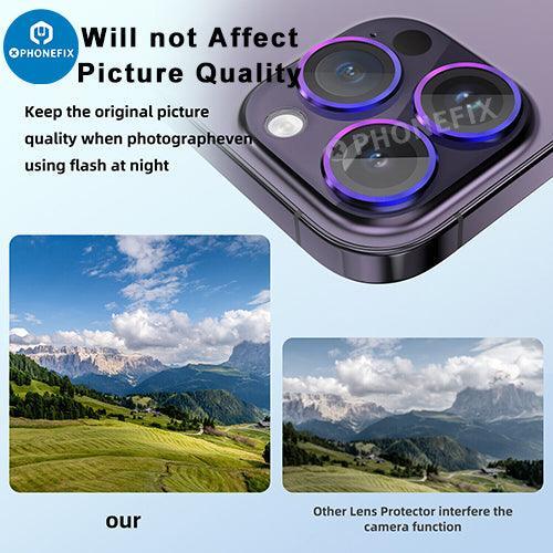 Protection d'objectif en verre trempé avec anneau métallique pour iPhone série 13-14, compatible avec la vitre arrière, par PHONEFIX.