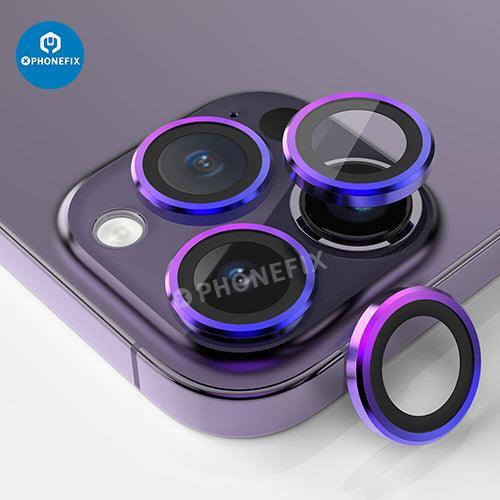 Protection d'objectif en verre trempé avec anneau métallique pour iPhone 13 et 14, offrant une protection de remplacement pour la vitre arrière.