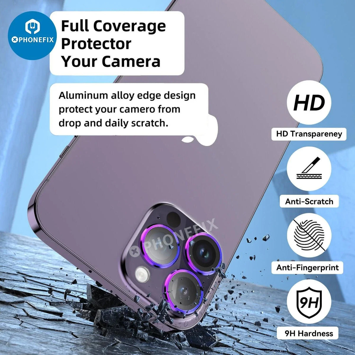 Protection d'objectif en verre trempé avec anneau métallique pour iPhone série 13-14, conçue pour le remplacement de la vitre arrière par PHONEFIX.