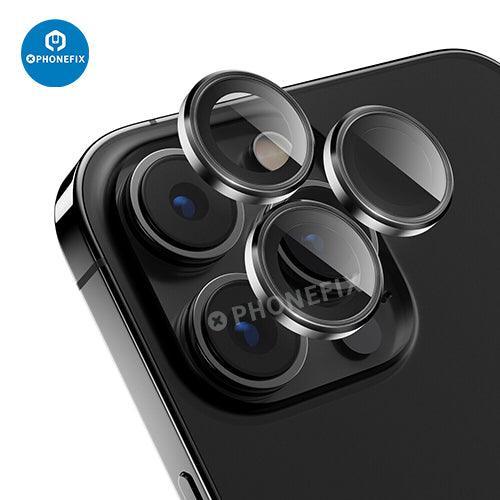 Protection d'objectif en verre trempé avec anneau métallique pour iPhone série 13-14, conçue pour le remplacement de la vitre arrière par PHONEFIX.