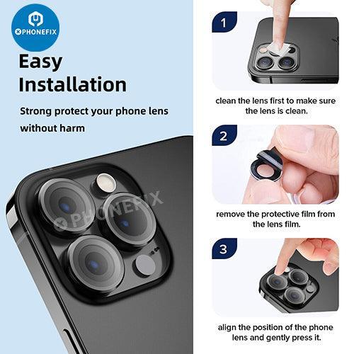 Bague métallique de protection d'objectif en verre trempé pour iPhone séries 13 et 14, conçue pour le remplacement de la vitre arrière par PHONEFIX.