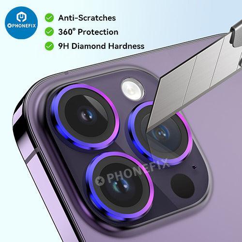Protection d'objectif en verre trempé avec anneau métallique pour iPhone série 13-14, remplacement de la vitre arrière par PHONEFIX.