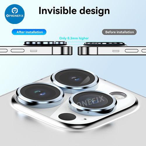 Protection d'objectif en verre trempé avec anneau métallique pour iPhone série 13-14, conçue par PHONEFIX, avec remplacement de la vitre arrière.