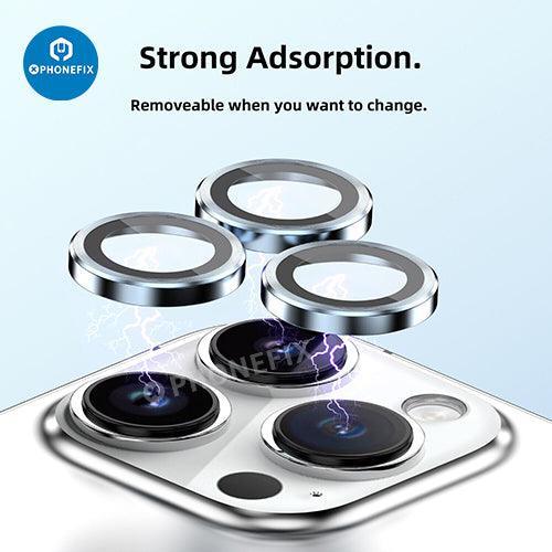 Protection d'objectif en verre trempé avec anneau métallique pour iPhone série 13-14, offrant remplacement et protection de la vitre arrière.