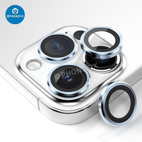Protection d'objectif en verre trempé avec anneau métallique pour iPhone série 13-14, assure le remplacement et la protection de la vitre arrière.