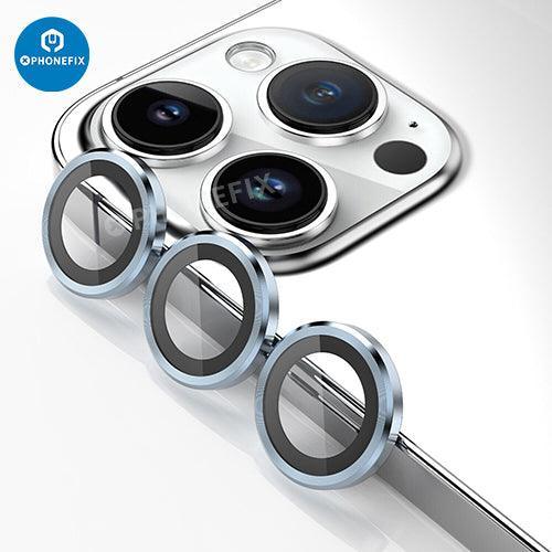 Protection d'objectif en verre trempé avec anneau métallique pour iPhone série 13-14, remplace la vitre arrière et offre une protection durable.