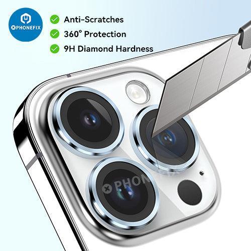 Protection d'objectif en verre trempé avec anneau métallique pour iPhone série 13-14, conçue pour le remplacement de la vitre arrière par PHONEFIX.