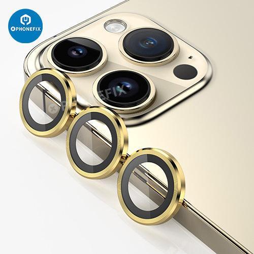 Protection d'objectif en verre trempé avec anneau métallique pour iPhone série 13-14, conçue pour la protection de la caméra arrière par PHONEFIX.