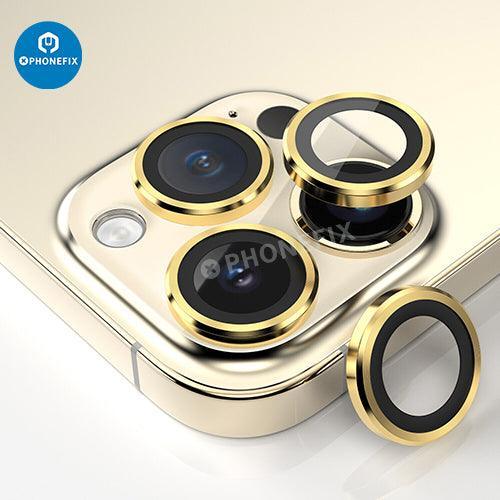 Protection d'objectif en verre trempé avec anneau métallique pour iPhone série 13-14, conçue pour le remplacement de la vitre arrière par PHONEFIX.
