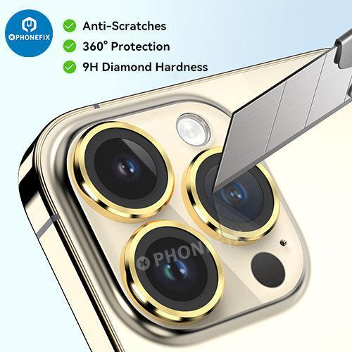 Protection d'objectif en verre trempé avec anneau métallique pour iPhone série 13-14, remplacement de la vitre arrière par PHONEFIX.