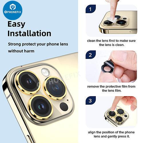 Protection d'objectif en verre trempé avec anneau métallique pour iPhone série 13-14, compatible avec le remplacement de la vitre arrière, par PHONEFIX.