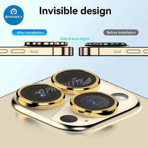 Protection d'objectif en verre trempé avec anneau métallique pour iPhone série 13-14, idéale pour remplacer la vitre arrière par PHONEFIX.