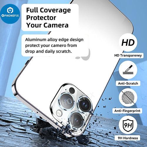 Protection d'objectif en verre trempé avec anneau métallique pour iPhone série 13-14, remplacement de la vitre arrière par PHONEFIX.