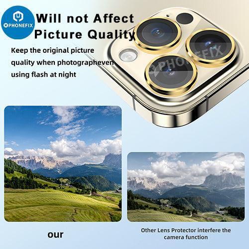 Protection d'objectif en verre trempé avec anneau métallique pour iPhone série 13-14, offrant remplacement et protection de la vitre arrière.
