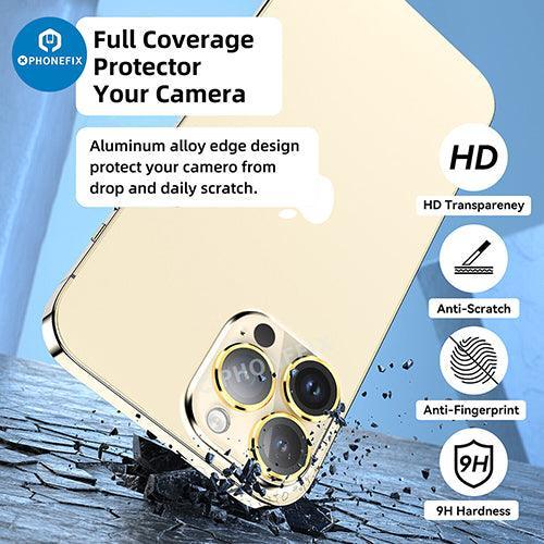 Protection d'objectif en verre trempé avec anneau métallique pour iPhone série 13-14, assure le remplacement et la protection de la vitre arrière.