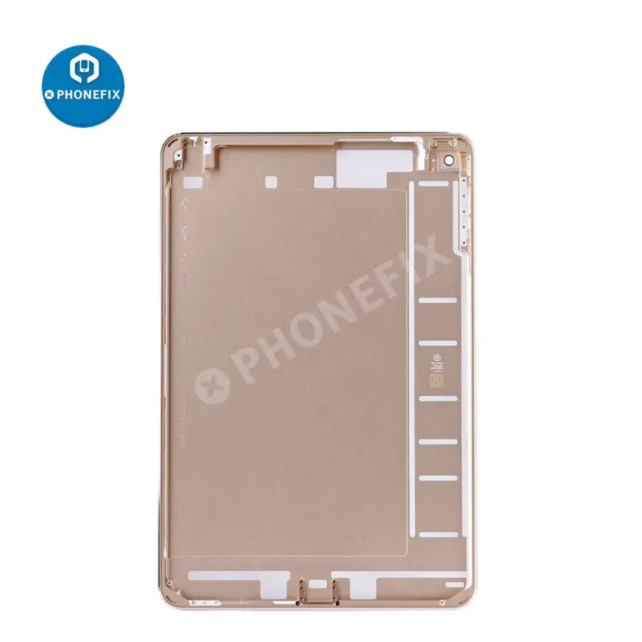 Gold back glass replacement cover for iPad Mini 4 WiFi, designed for PHONEFIX, showing the rear view with smooth finish and brand logo.