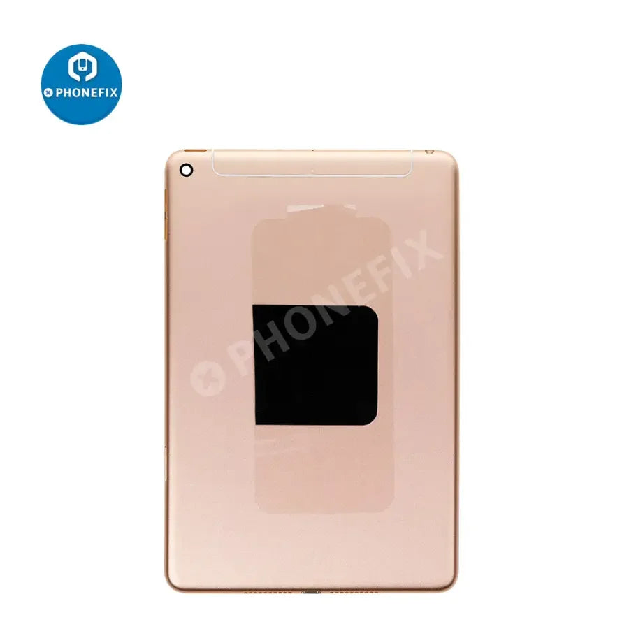 Gold back glass replacement for iPad Mini 5 WiFi and Cellular, showing the PHONEFIX back cover replacement.