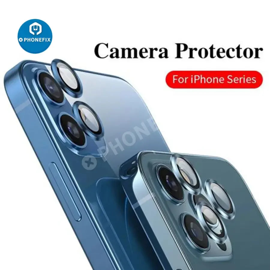 PHONEFIX luminous metal full cover camera lens protectors for iPhone 11-13 Pro Max back glass replacement, durable and stylish.