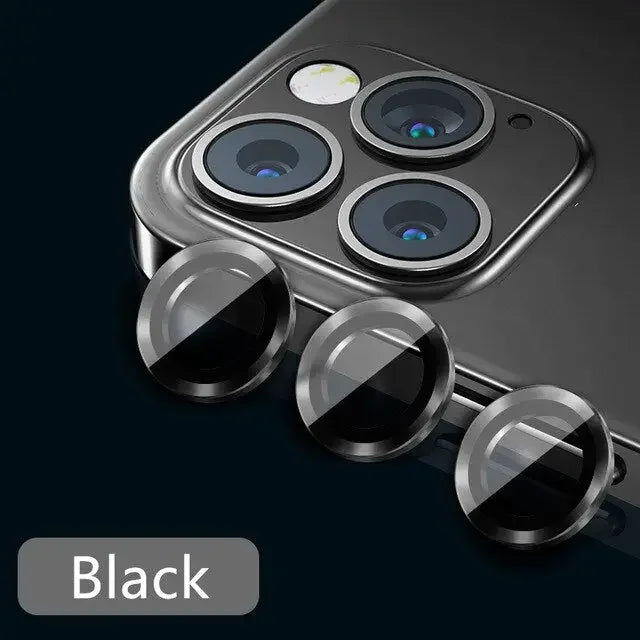 Luminous metal full cover camera lens protectors for iPhone 11-13 Pro Max, back glass replacement by PHONEFIX, two-piece set.