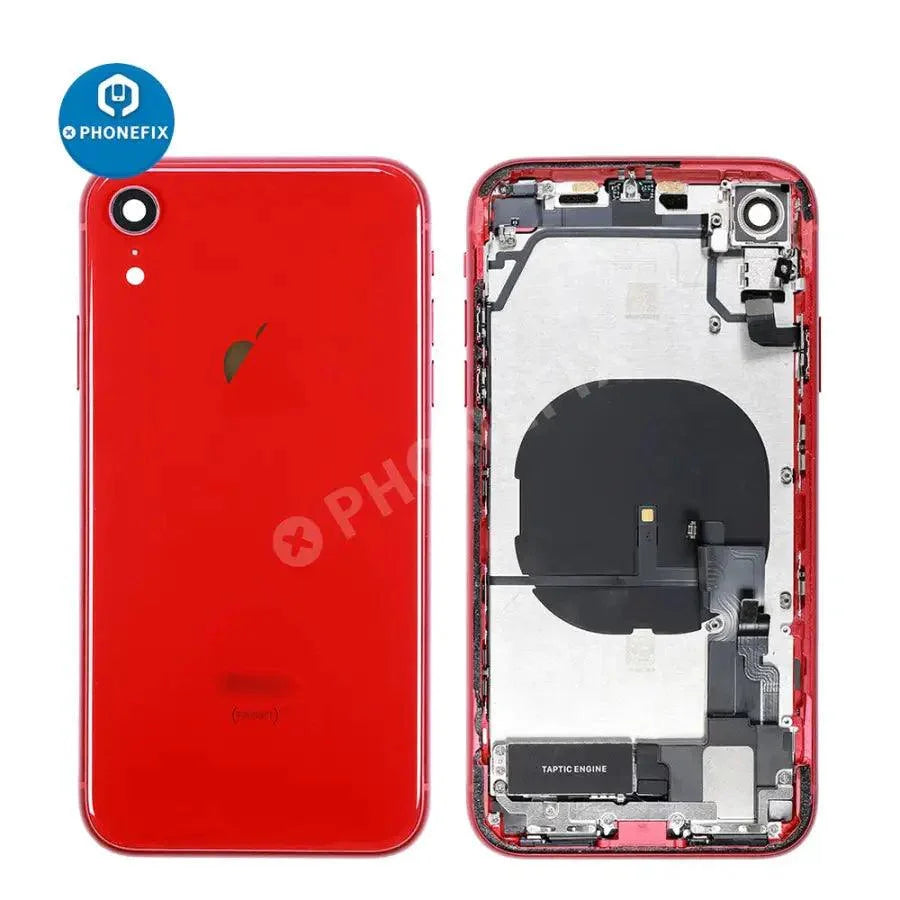 Red iPhone XR back cover full assembly replacement by PHONEFIX, showcasing the original glass back for iPhone XR repair.