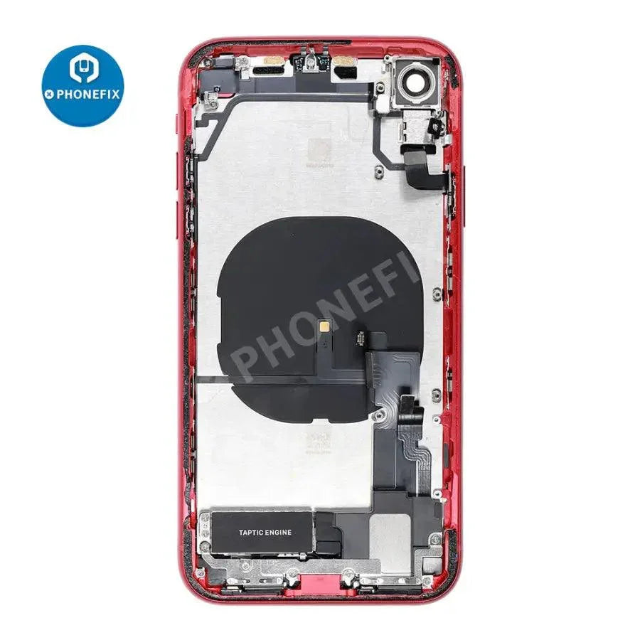 Red iPhone XR back cover assembly with glass replacement by PHONEFIX, showing the full rear view of the back cover.