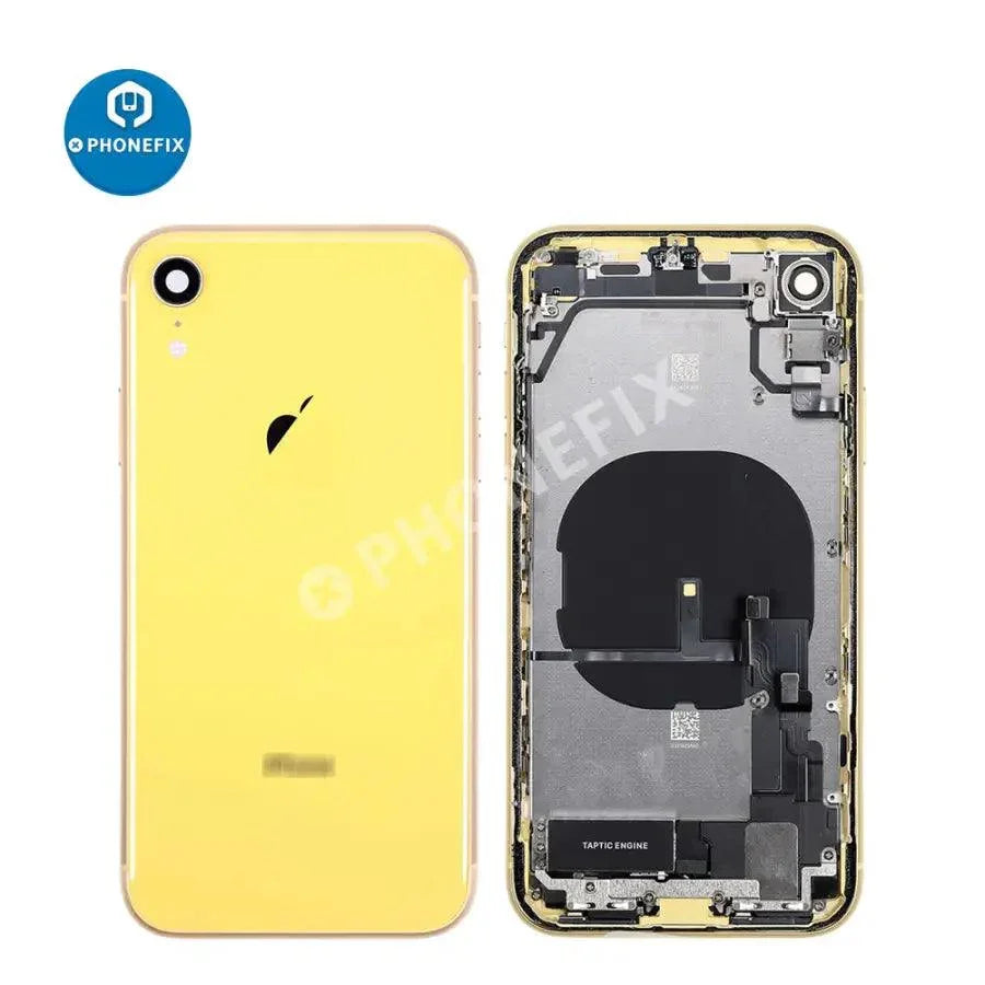 Red PHONEFIX back cover full assembly replacement for iPhone XR, showing the new glass back with precise fit and finish.