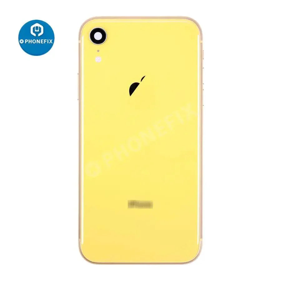Red PHONEFIX back cover full assembly replacement for iPhone XR with glass back, showing the assembled rear case and camera cutout.